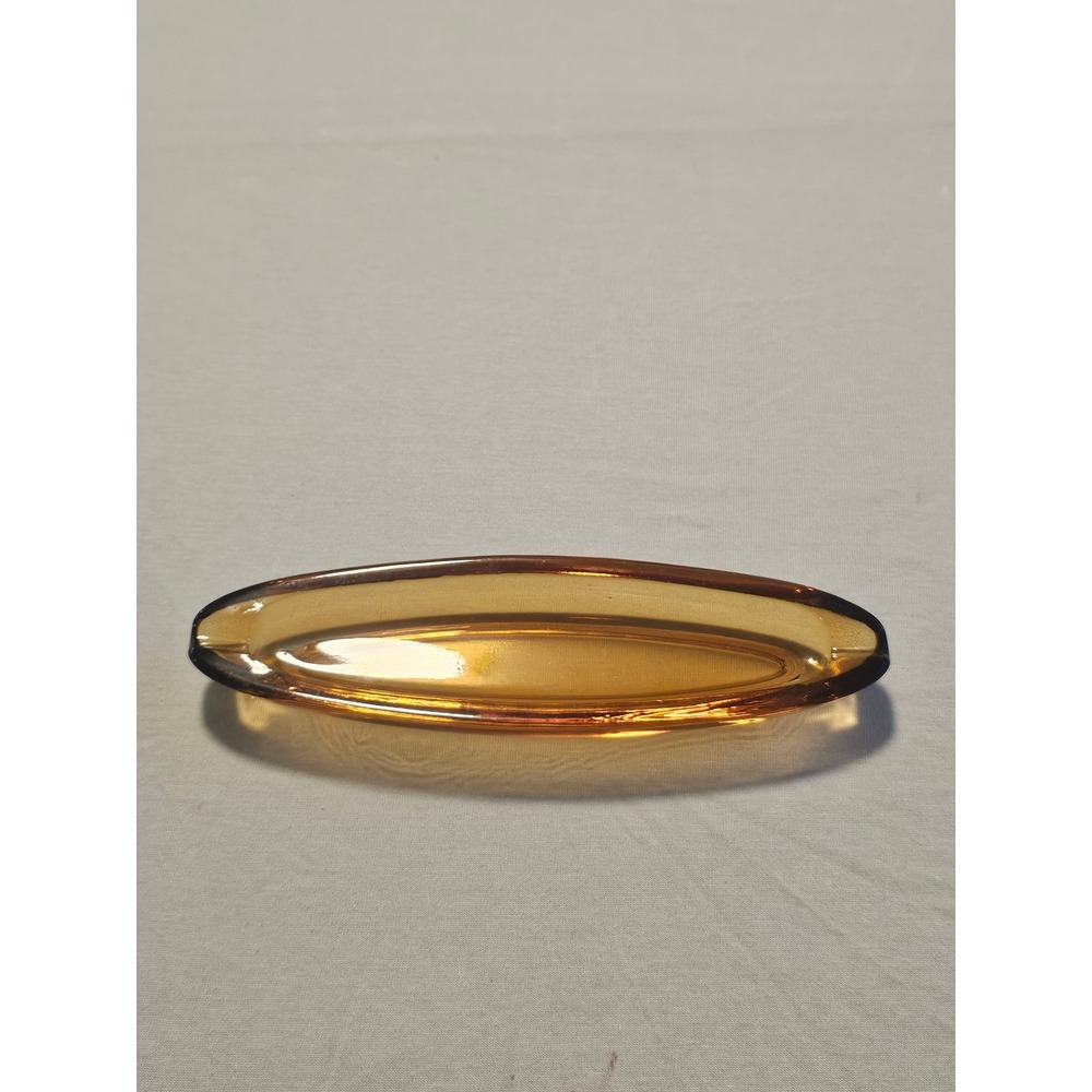 Vintage Mid Century Modern Amber Glass Oval Ashtray Boat Shape 2-Rest 6.75 Inch
